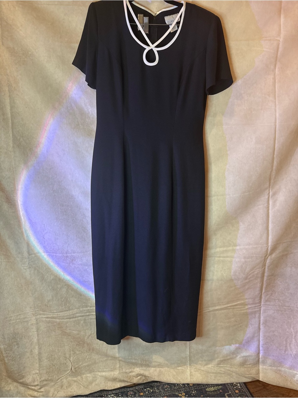 Scarlett Black Midi Dress with White Loop Neck Trim